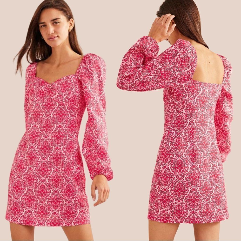 BODEN Linen Mini Ruched Puff Sleeve Red White Floral Shift Dress Size 4 Long